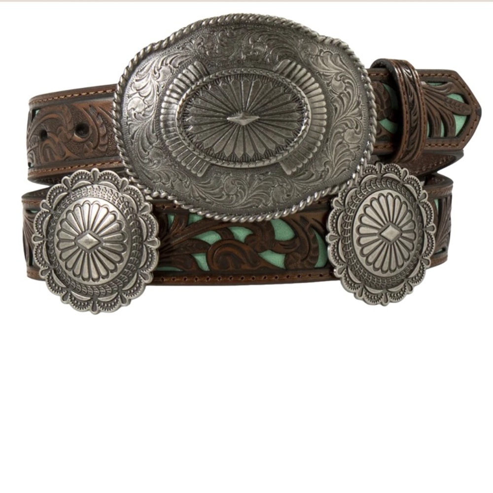Ariat Brown Floral Embossed Leather Concho Belt – Women’s XL